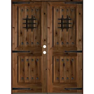 60 in. x 80 in. Mediterranean Knotty Alder Square Top with Provincial Stain Left-Hand Wood Double Prehung Front Door