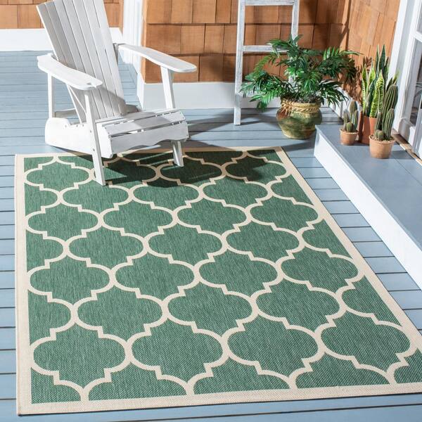 Courtyard Dark Green/Beige 4 ft. x 6 ft. Moroccan Geometric Indoor/Outdoor Patio  Area Rug