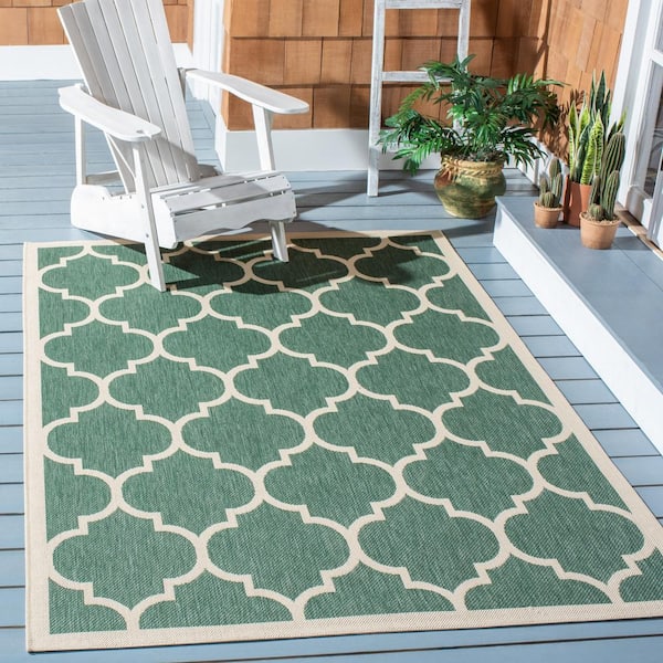 Courtyard Dark Green/Beige 9 ft. x 12 ft. Moroccan Geometric Indoor/Outdoor Patio  Area Rug