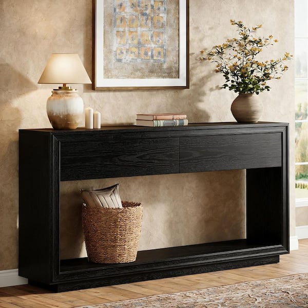 Benjamin 63 in. Black Rectangle Wood Console Table with 2 Drawers Storage, Entryway Table with 1-Shelf for Home Office
