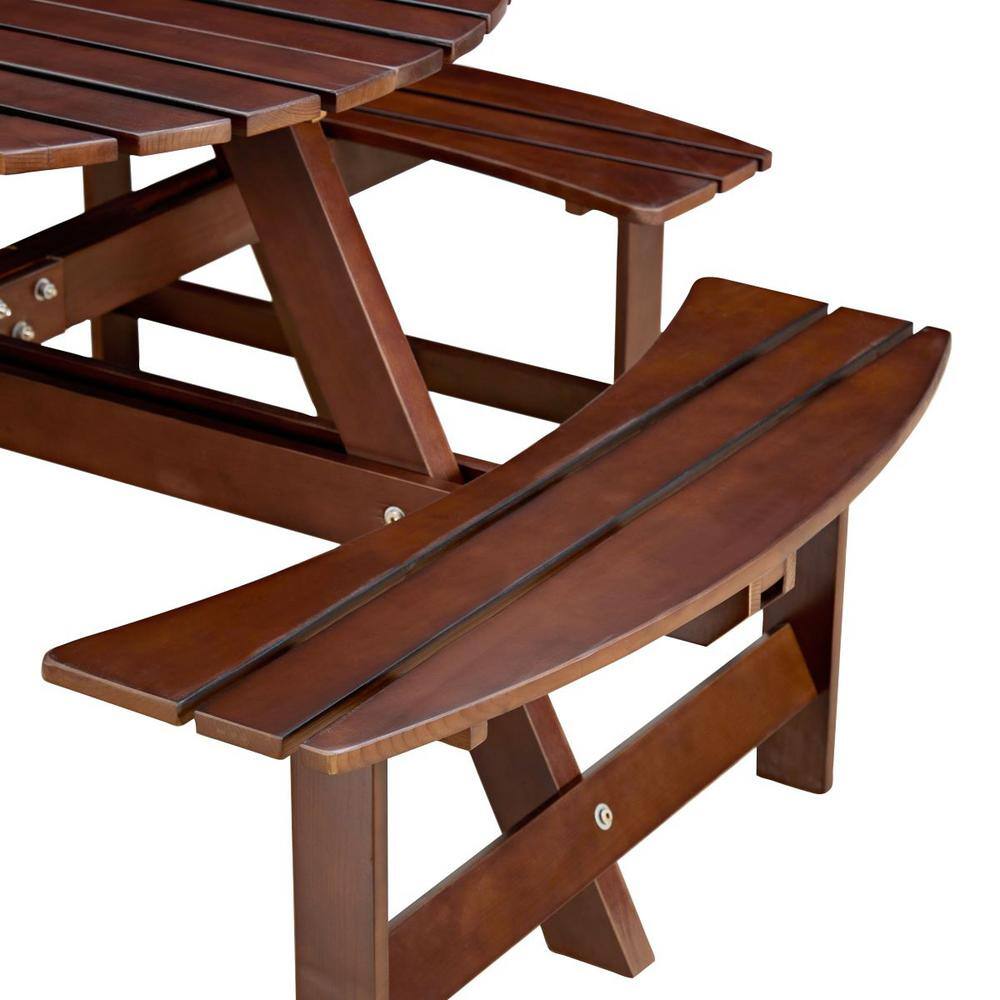 Brown Wood Round 8-Person Picnic Table with Built-in Benches and Umbrella Hole