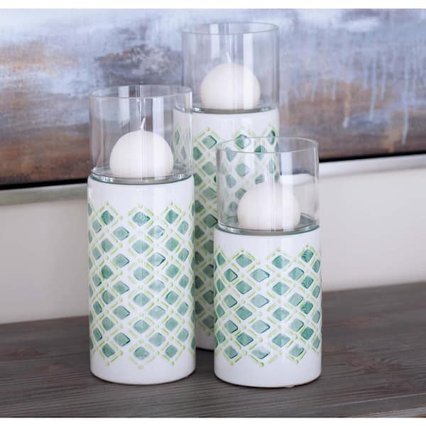 Litton Lane Green Ceramic and Glass Lattice Candle Holders (Set of 3)