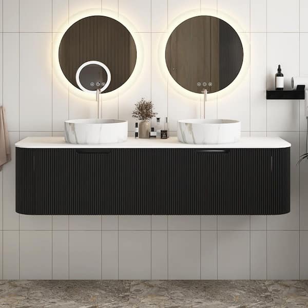 60 in. Wall-Mounted Black Bath Vanity with White Solid Surface Top Pre-Assembled