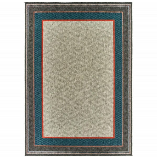 Blue, Gray 10 ft. x 13 ft. Loomed Border Polypropylene Rectangle Indoor/Outdoor Area Rug