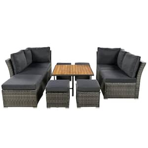 10-Piece Wicker Patio Conversation Set with Gray Cushions Solid Wood Coffee Table Ottomans