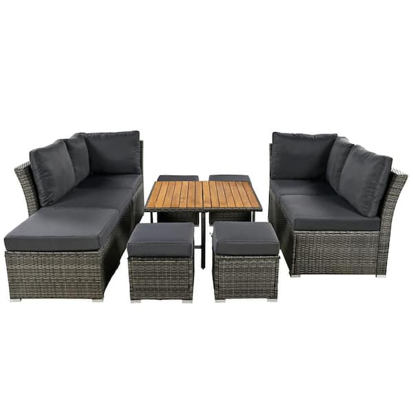 Tenleaf 10-Piece Wicker Patio Conversation Set with Gray Cushions Solid Wood Coffee Table Ottomans