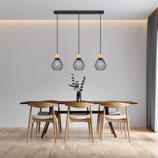 Pamorla 31.5 W x 8.5 in. H 3-Light Black Linear Pendant with Open Frame Shades and Wood Accents 43378A - The Home Depot