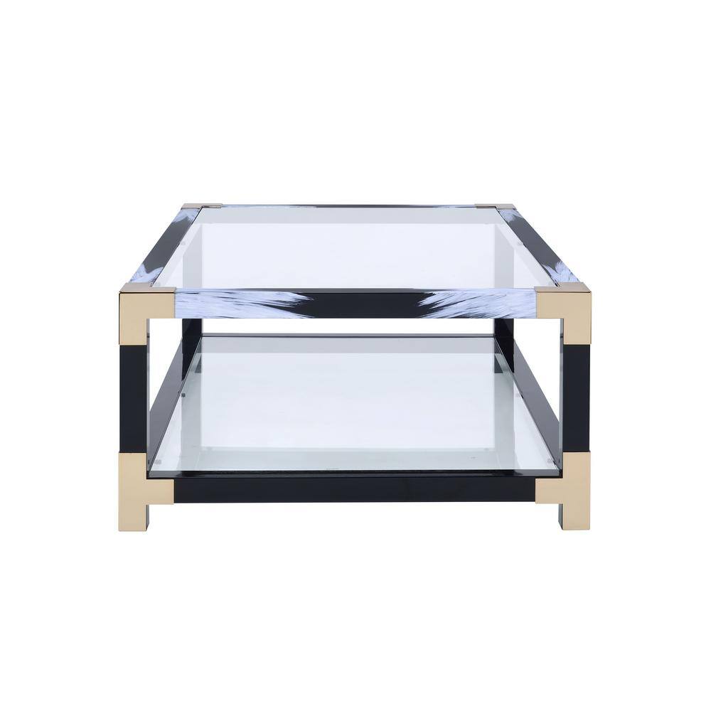 Black and Gold Rectangular Glass Coffee Table with Storage Shelf