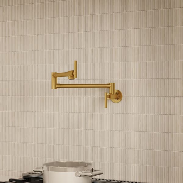 25.25 in. Extended Reach Wall Mount Pot Filler Kitchen Faucet 2-Handle with Dual Swivel Arms in Brushed Gold