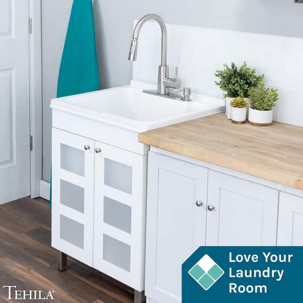 HMOROVEX Freestanding Utility Sink With Cabinet – Stainless Steel Single Bowl Laundry Sink With Pull-Out Faucet, White Cabinet, 72x40x78cm, For Garage, Laundry Room, Kitchen