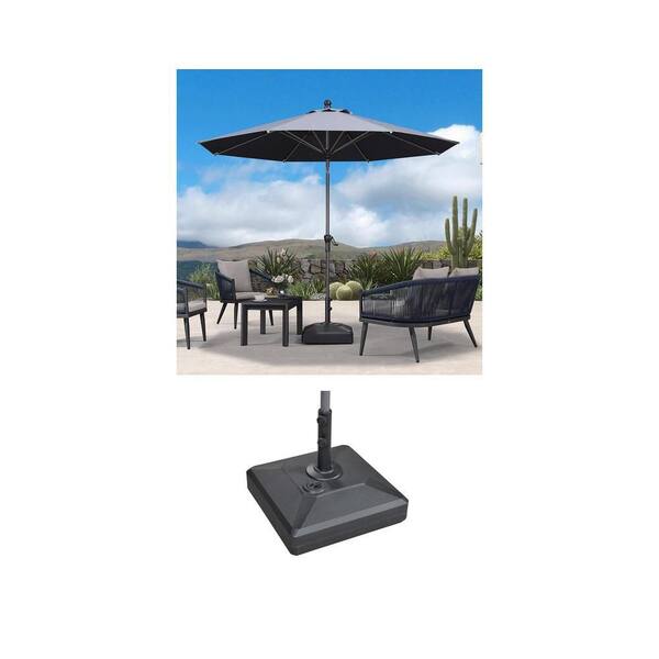 10 ft. Gray Aluminum Crank and Tilt Market Umbrella with 154 lbs. Black Umbrella Base