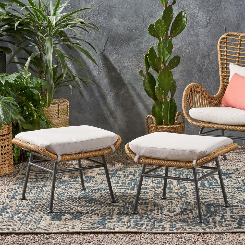 Modern Brown Wicker Outdoor Ottoman with Beige Cushions (Set of 2)