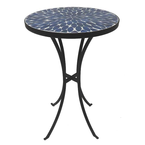 myhomore Outdoor Mosaic Side Table, 14 in. Round Concrete Tile Top, Patio End Table for Bistro Coffee Table - Dark Blue