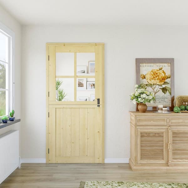 36 in. x 80 in. Unfinished Solid Pine Wood Universal 4-Lite Clear Glass Dutch Door Interior Door Slab