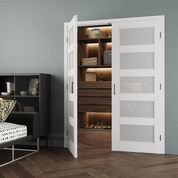 60 in. x 80 in. 5-Lite Frosted Glass Universal White Solid Core Glass Double Prehung French Door + Quick Jamb&Ball Catch