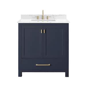 Modero 31 in. W x 22 in. D Bath Vanity in Navy Blue with Engineered Stone Vanity Top in Cala White with White Basin
