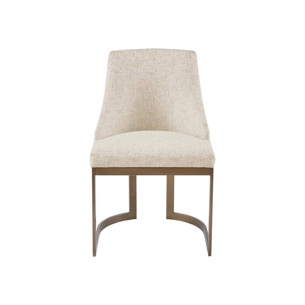 Cream Upholstered Parsons Dining Chairs with Antique Gold Metal Frame, Set of 2