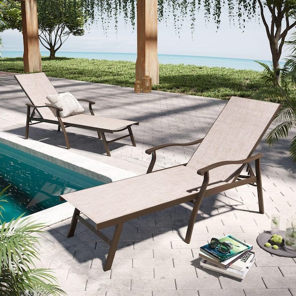 Metal Aluminum Outdoor Chaise Lounge Chairs Set of 2 with Arms, Adjustable Patio Lounger, Brown
