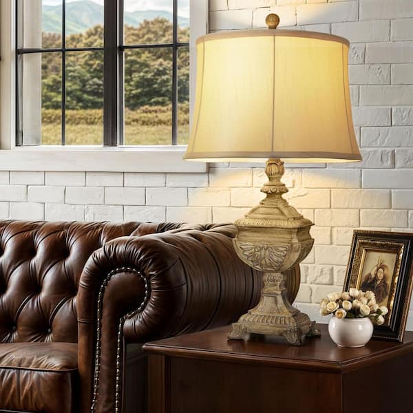 27 in. Large Brown Resin Table Lamp, Vintage Bedside Lamp with Linen Shade, Retro End lamp for Living Room Study