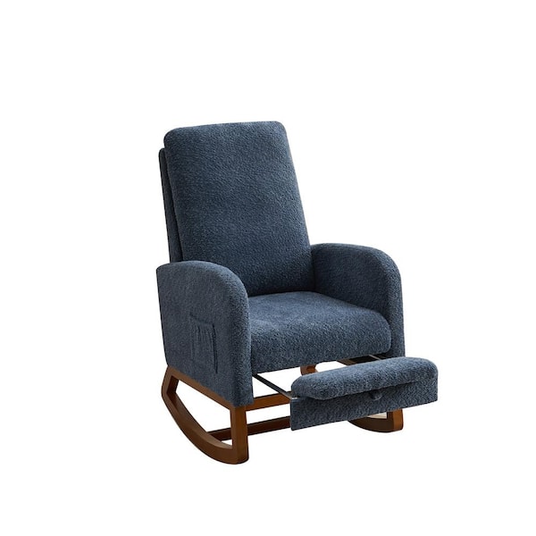 Runesay 25.4 in. W Brown Metal Outdoor Rocking Chair with Navy Blue Cushions and High Backrest