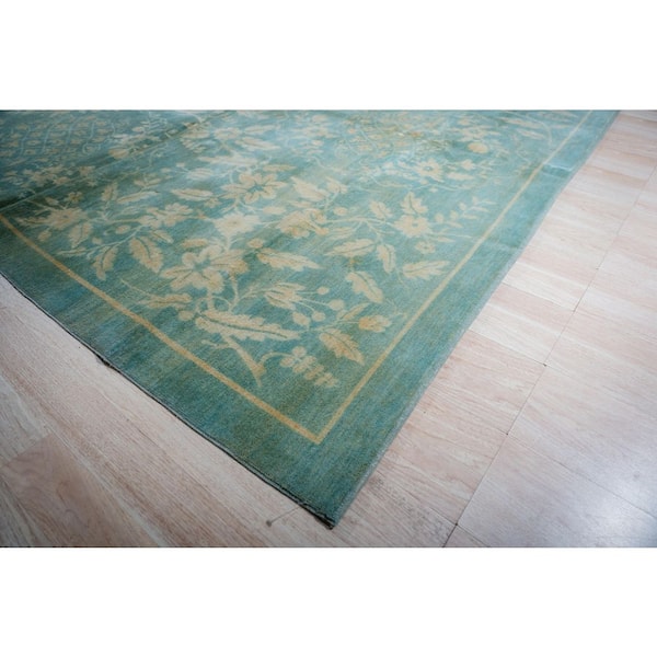 Elegant Aqua Green Hand-Knotted Wool Floral Area Rug – Contemporary Style, Area Rug