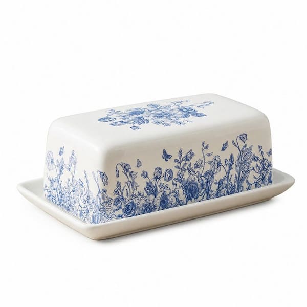 Blue Floral Ceramic Butter Dish with Lid, Vintage Chinoiserie Flower and Butterfly Design for Kitchen