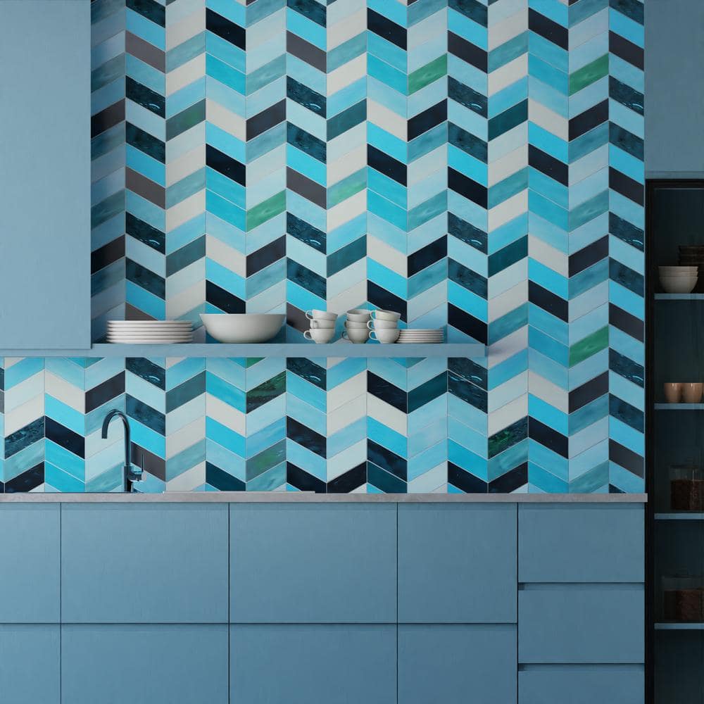 Elizabeth Sutton Blue Glass Chevron Mosaic Tile