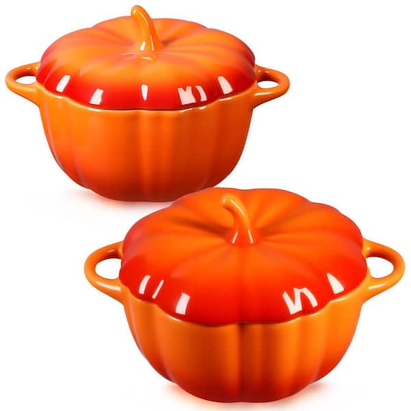2-Piece Pumpkin Shape Ceramic Bowl Set with Lid and Handle for Soup Dessert Halloween Thanksgiving Decoration