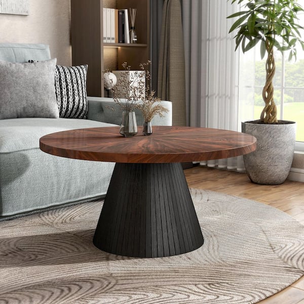 Fazzy 36 in. Black Round High-gloss Wood Top Coffee Table with Parquet Pattern and Reeded Drum Base