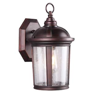 1-Light Bronze Seeded Glass Outdoor Wall Lantern Sconce with LED Bulb