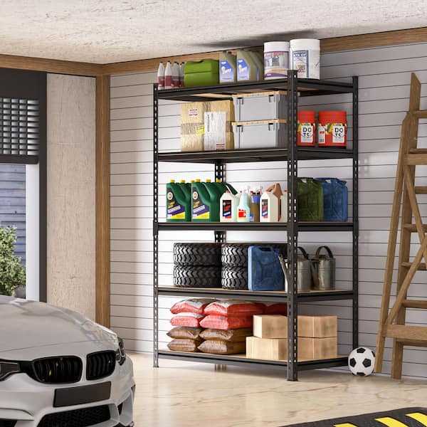 72 in. Tall Black MDF Wood 5-Shelf Garage Storage Shelving Unit Standard Bookcase with Adjustable Shelves