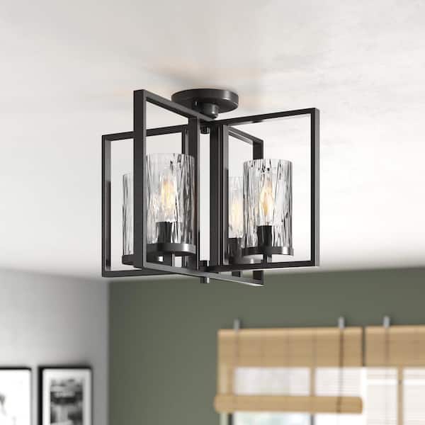 Elements 14.5 in. 4-Light Charcoal Industrial Semi-Flush Mount with Clear Rain Glass Shades and 4 Vintage Style Bulbs