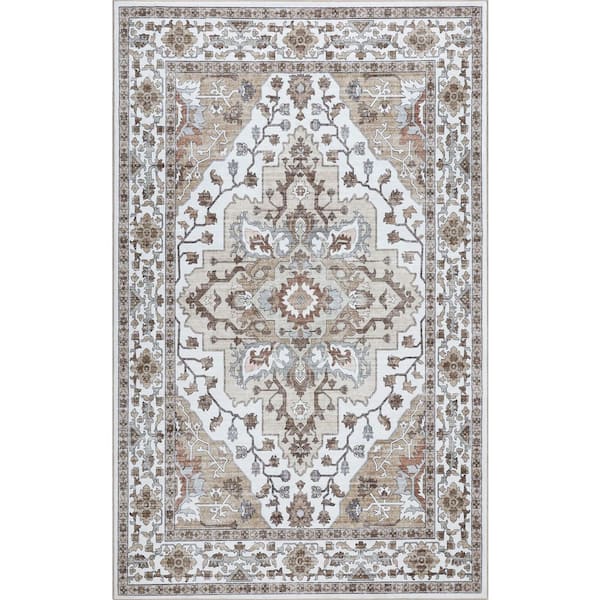 Superbia Boho Medallion Border Non-Slip Machine-Washable Beige/Cream 5 ft. x 8 ft. Area Rug