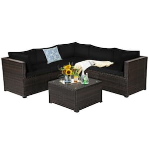 6-Piece Wicker Outdoor Sectional Set Patio Furniture Set with Black Cushions