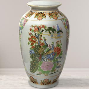 Oriental Furniture 14 in. White Satsuma Birds and Flowers Porcelain Tung Chi Vase