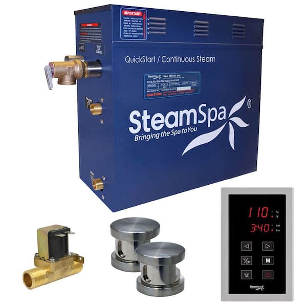 SteamSpa Oasis 12kW QuickStart Steam Bath Generator Package with Built-In Auto Drain in Polished Brushed Nickel