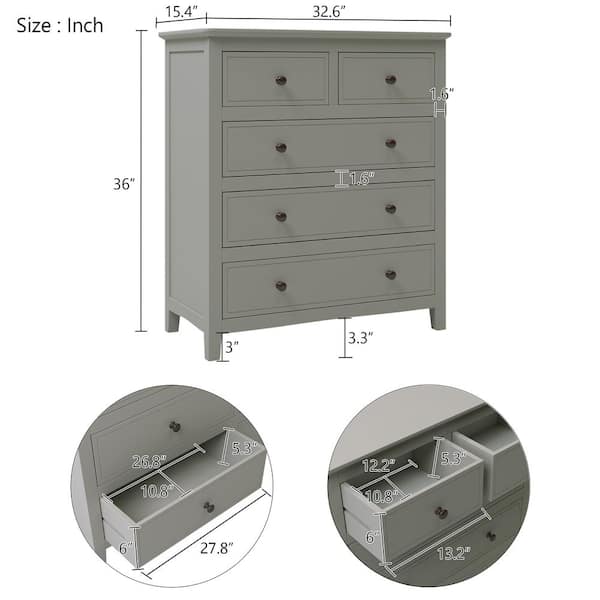 GOSALMON 5 Drawer Gray Chest of Drawers 36 in. H x 32.6 in. W x