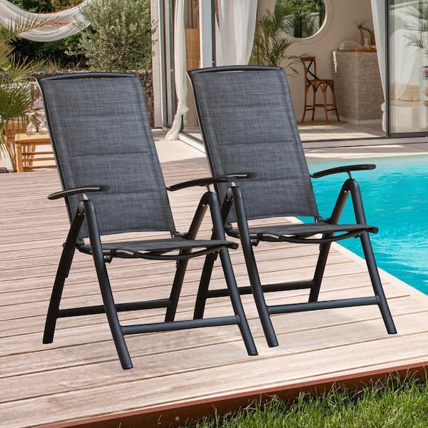 2-Piece Padded Outdoor Folding Lawn Chairs, 7-Position Adjustable Patio Reclining Chairs, Dark Brown Aluminum Frame