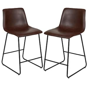 Dark Brown Reagan 24 in. Leather Soft Counter Height Stools with Footrest, Modern Bucket Style Dining Chairs (Set of 2)