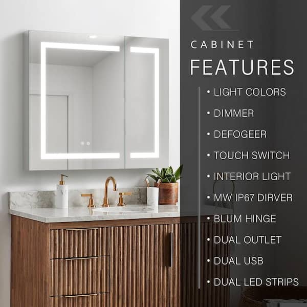 36 in. W x 30 in. H Rectangular Aluminum LED Recessed or Surface Mount Medicine Cabinet with Mirror,Adjustable Shelves