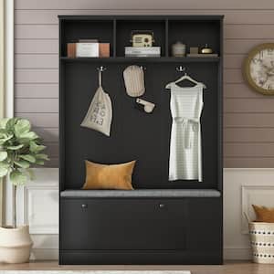 47.2 in. Wide Black Hall Tree with Shoe Storage Bench, 3 Sturdy Hooks and Storage Shelves