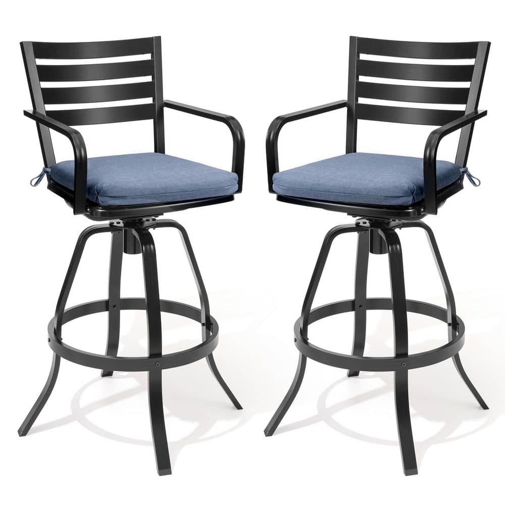 Black Cast Aluminum Swivel Bar Stools with Blue Cushions, Set of 2