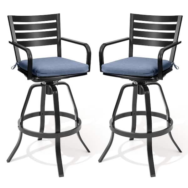 Swivel Cast Aluminum Outdoor Bar Stool with Sunbrella Blue Cushion (2-Pack)