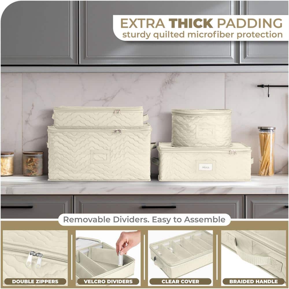 Beige Quilted Flatware Storage Chest with Clear Lid