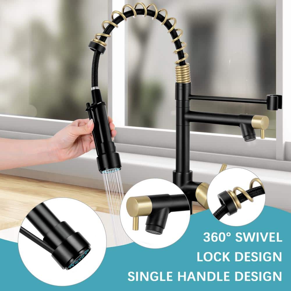 Matte Black and Gold Stainless Steel Pull Down Kitchen Faucet