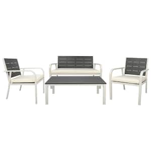 4-Pieces Patio PE Steel Furniture Set Conversation Set, Backyard Balcony Lawn Garden Cushion Coffee Table in White