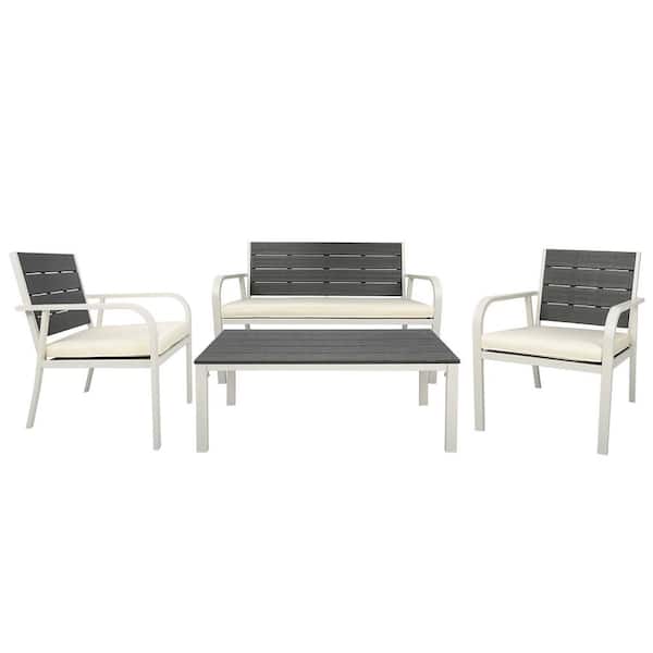 Tunearary 4-Pieces Patio PE Steel Furniture Set Conversation Set, Backyard Balcony Lawn Garden Cushion Coffee Table in White