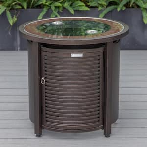 Walbrooke Brown Modern Round Tank Holder Table with Tempered Glass Top and Powder Coated Aluminum Slats Design