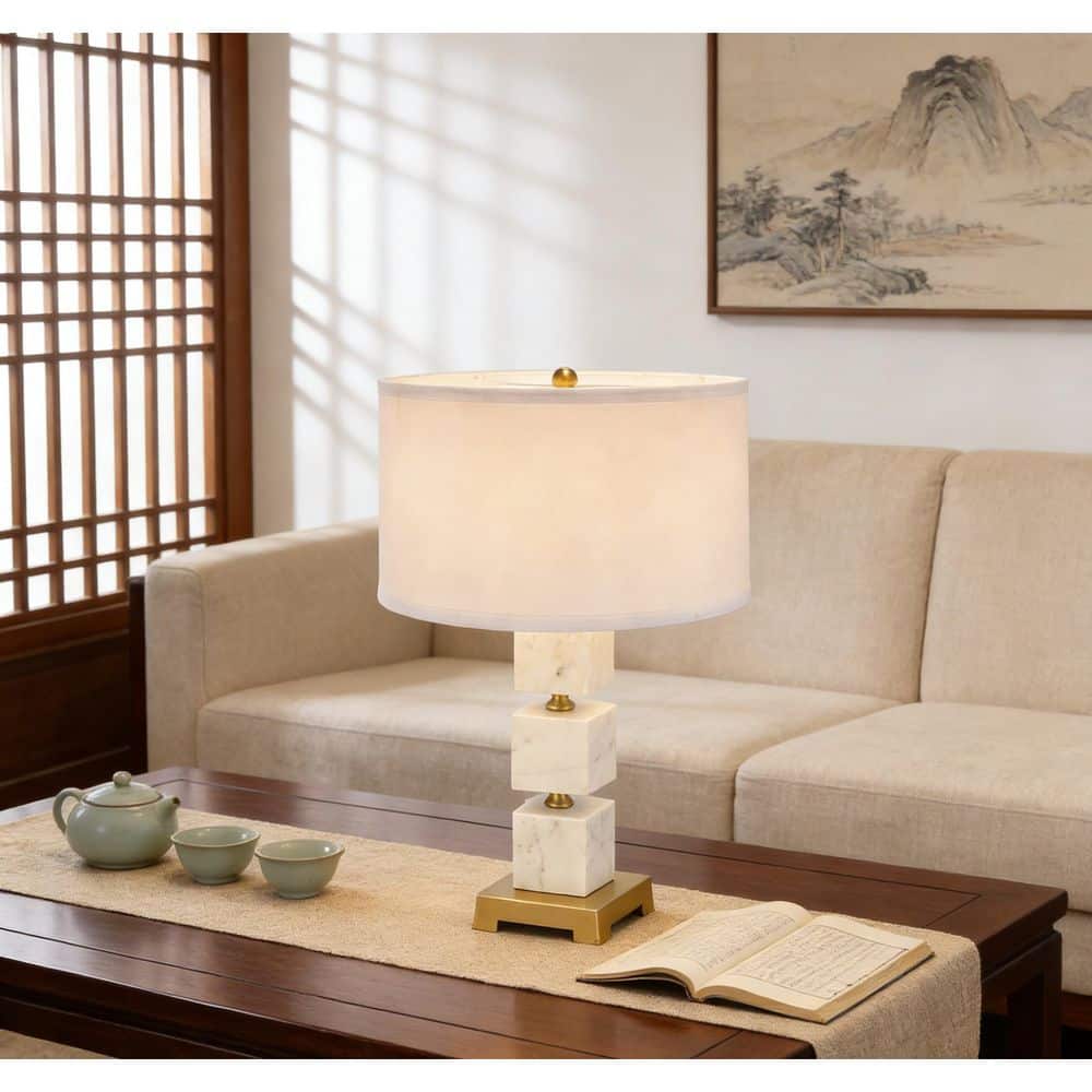 Chimer 26.5 in. White Transitional Marble Cube Table Lamp with Gold Base and Fabric Shade For Living Room price history on PriceWatchPro