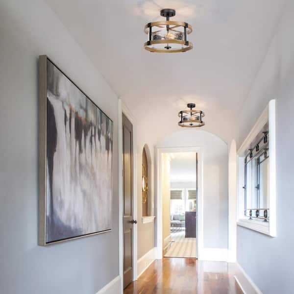Farmhouse 2-Light Brown Modern Semi-Flush Mount Ceiling Lighting Fixture with Seeded Glass Shade and Faux Wood Accent